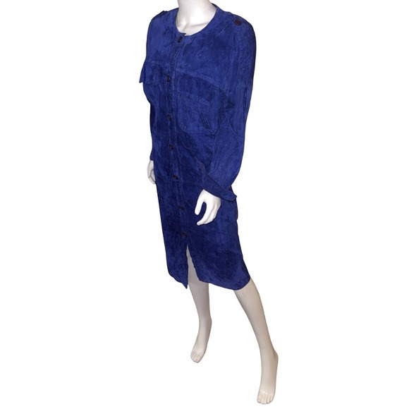 Pia Rucci Dresses & Skirts - Vintage Pia Rucci Royal Blue Suede Leather Button Down Midi Shirt Dress Womens 6